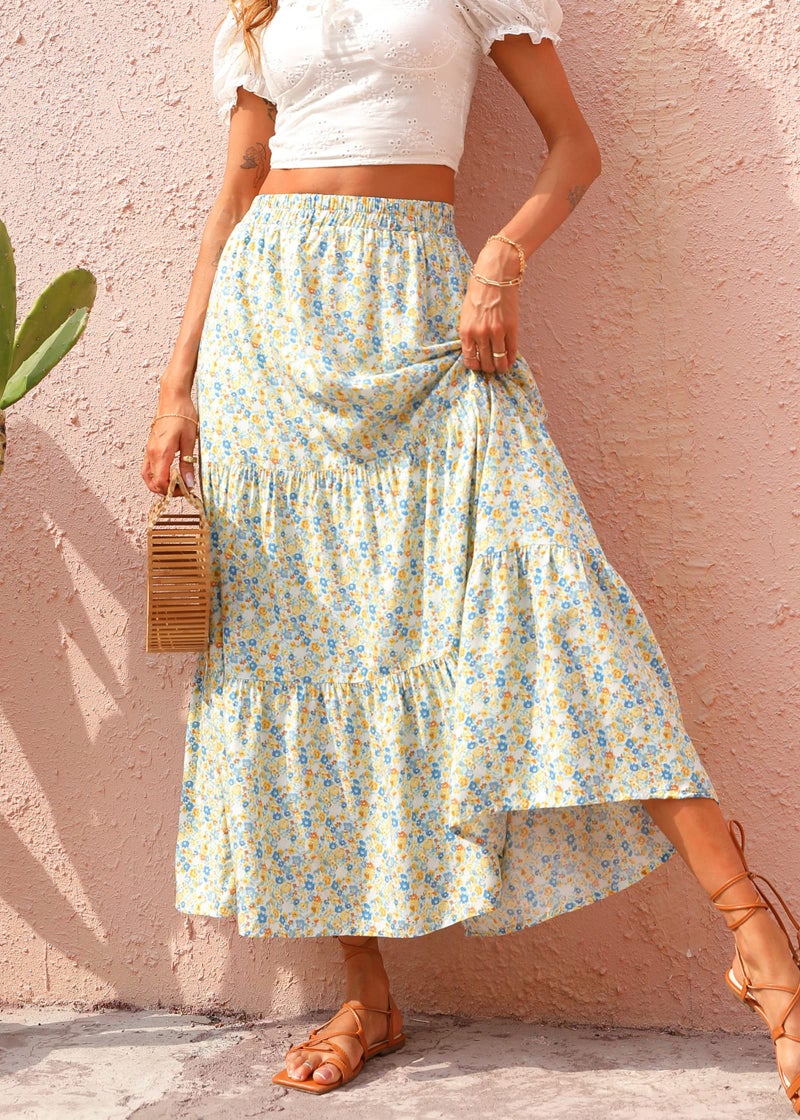 KIRUNDO Maxi Skirts for Women 2026 Summer Boho Floral High Waist Casual Flowy Long Skirt Beach Vacation Cruise Resort Wear(Light Blue, Small) - Image 3