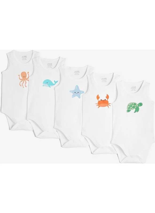 JUNE June Baby Sea Creatures Printed 5-Pack Bodysuit White