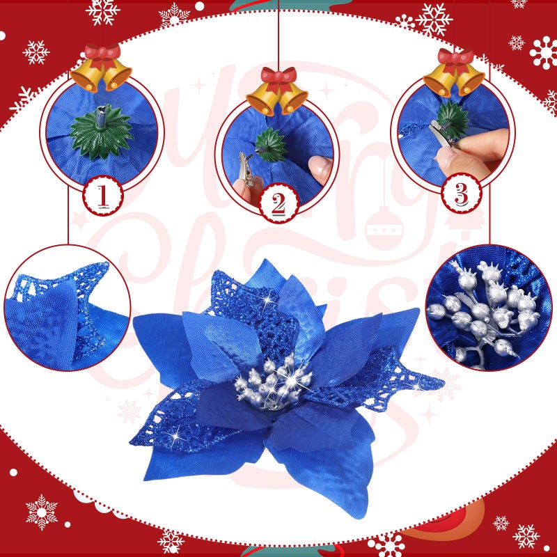 WILLBOND WILLBOND 36 Pieces Christmas Glitter Poinsettia Faux Flowers Christmas Flowers Decorations Wedding Xmas Tree New Year Ornaments (Royal Blue) - Image 2