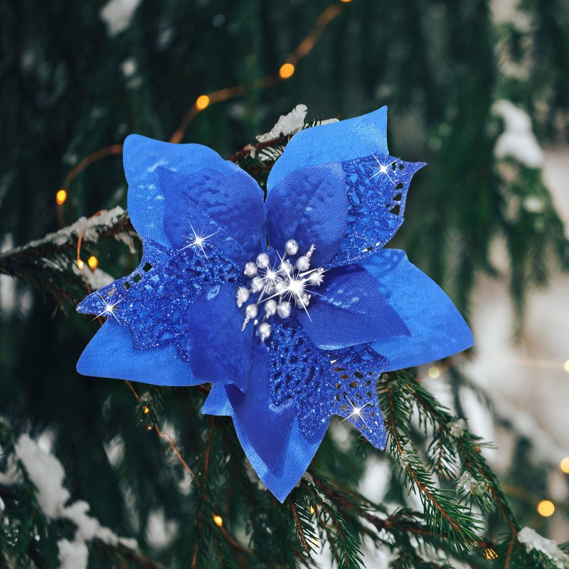 WILLBOND WILLBOND 36 Pieces Christmas Glitter Poinsettia Faux Flowers Christmas Flowers Decorations Wedding Xmas Tree New Year Ornaments (Royal Blue) - Image 4