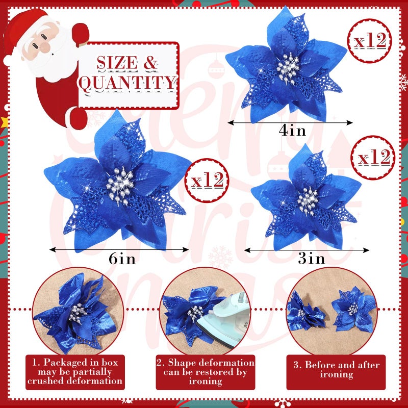 WILLBOND WILLBOND 36 Pieces Christmas Glitter Poinsettia Faux Flowers Christmas Flowers Decorations Wedding Xmas Tree New Year Ornaments (Royal Blue) - Image 3