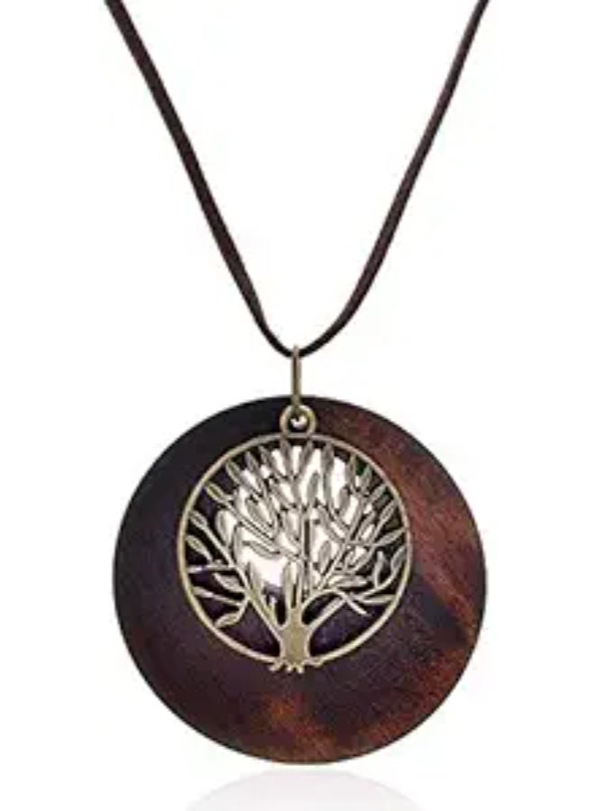 SIVITE Vintage Bronze Tree of Life with Wood Pendant Necklace Long Leather Chain Wooden Necklace for Women Girls | Long, Vintage - Image 1