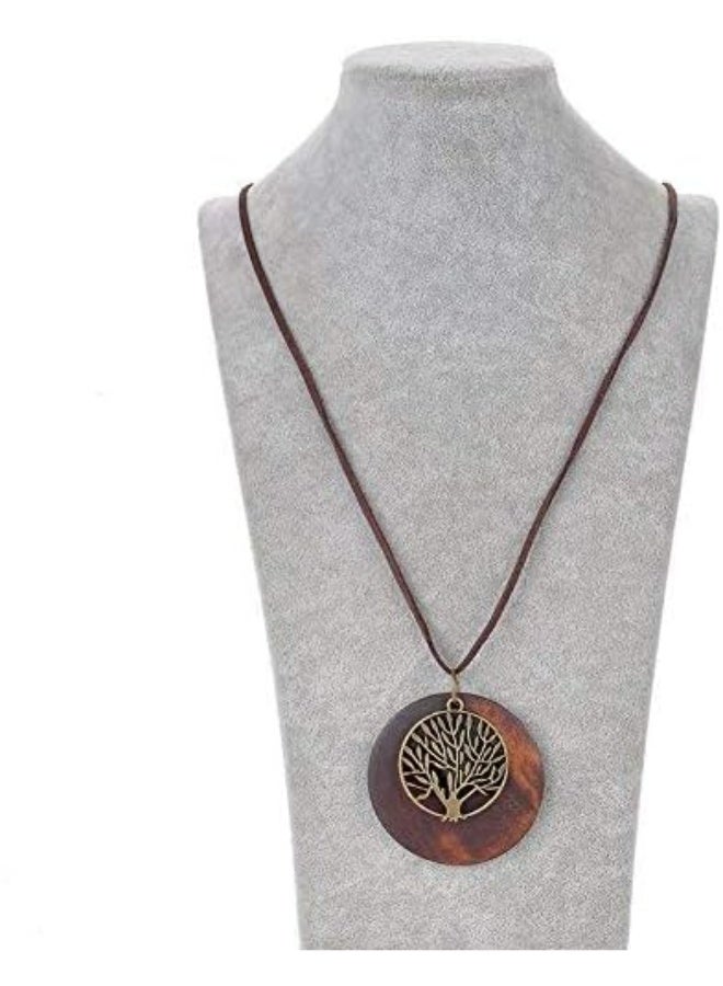 SIVITE Vintage Bronze Tree of Life with Wood Pendant Necklace Long Leather Chain Wooden Necklace for Women Girls | Long, Vintage - Image 2