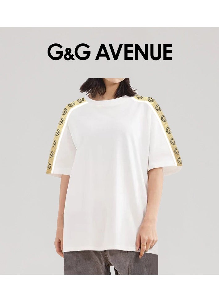 G&G AVENUE - Unisex Summer Oversized Short Sleeve T-shirt Couple Style Spliced Ribbon Bottom Shirt Drop Shoulder Top Heavy cotton fabric - Image 1
