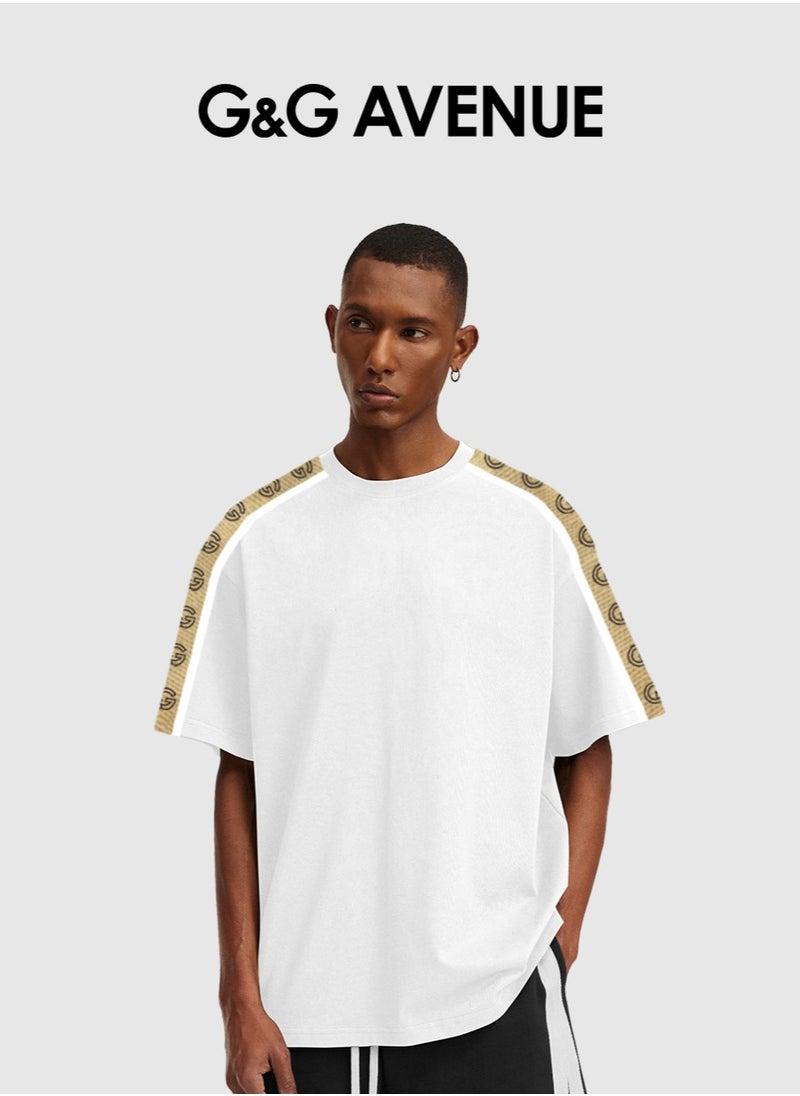 G&G AVENUE - Unisex Summer Oversized Short Sleeve T-shirt Couple Style Spliced Ribbon Bottom Shirt Drop Shoulder Top Heavy cotton fabric - Image 1