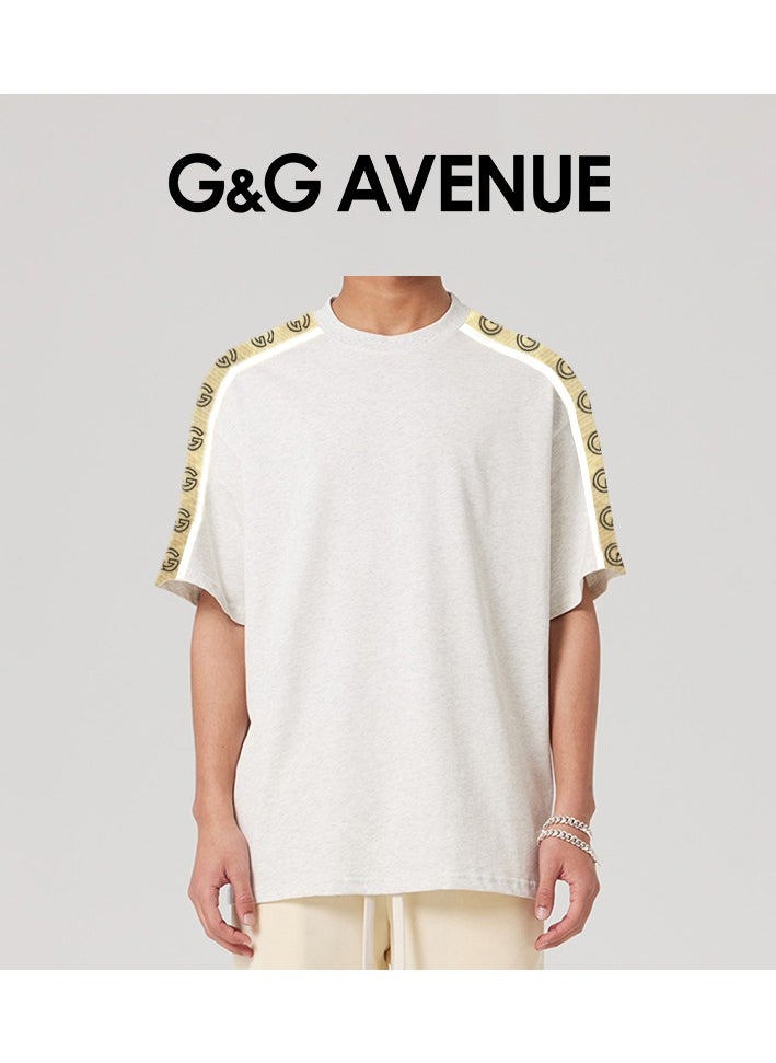 G&G AVENUE - Unisex Summer Oversized Short Sleeve T-shirt Couple Style Spliced Ribbon Bottom Shirt Drop Shoulder Top Heavy cotton fabric - Image 1