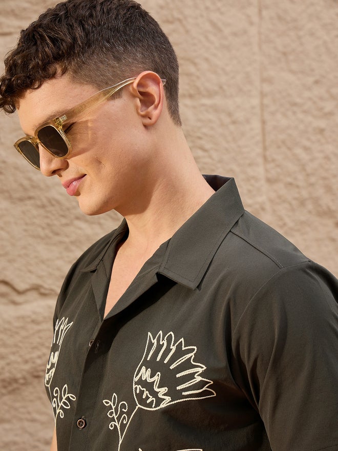 Take Two REPRISE Olive Embroidered Pattern Casual Shirt - Image 4