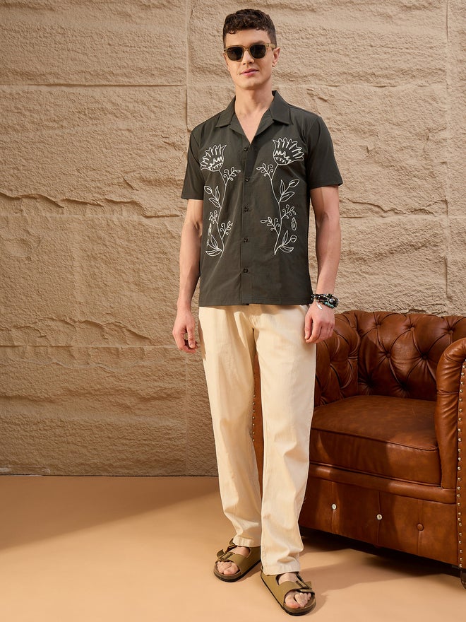 Take Two REPRISE Olive Embroidered Pattern Casual Shirt - Image 5