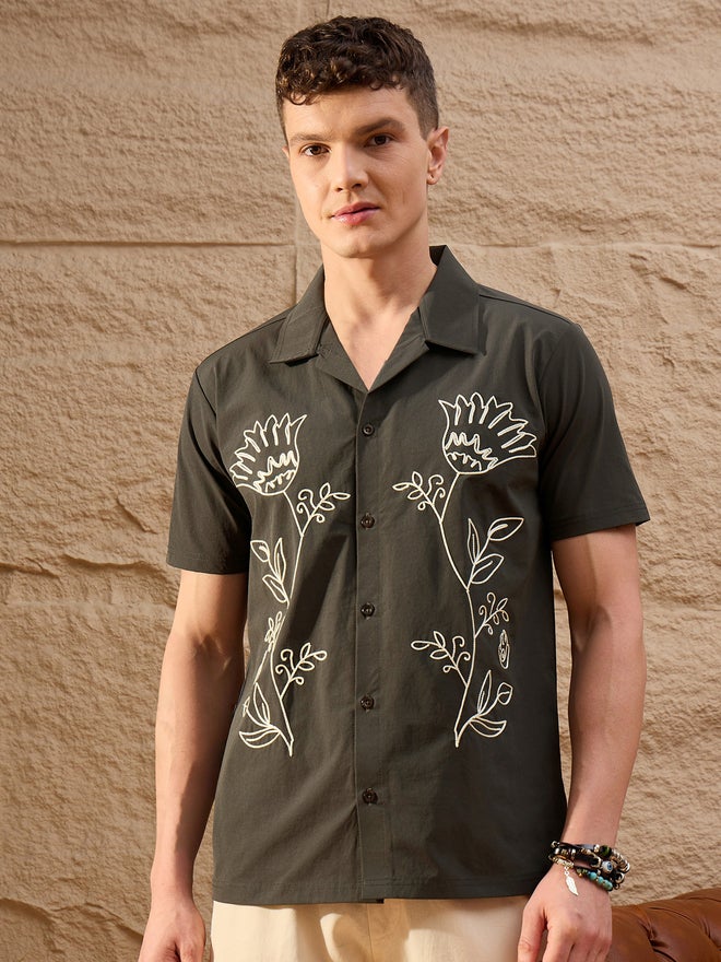 Take Two REPRISE Olive Embroidered Pattern Casual Shirt - Image 1