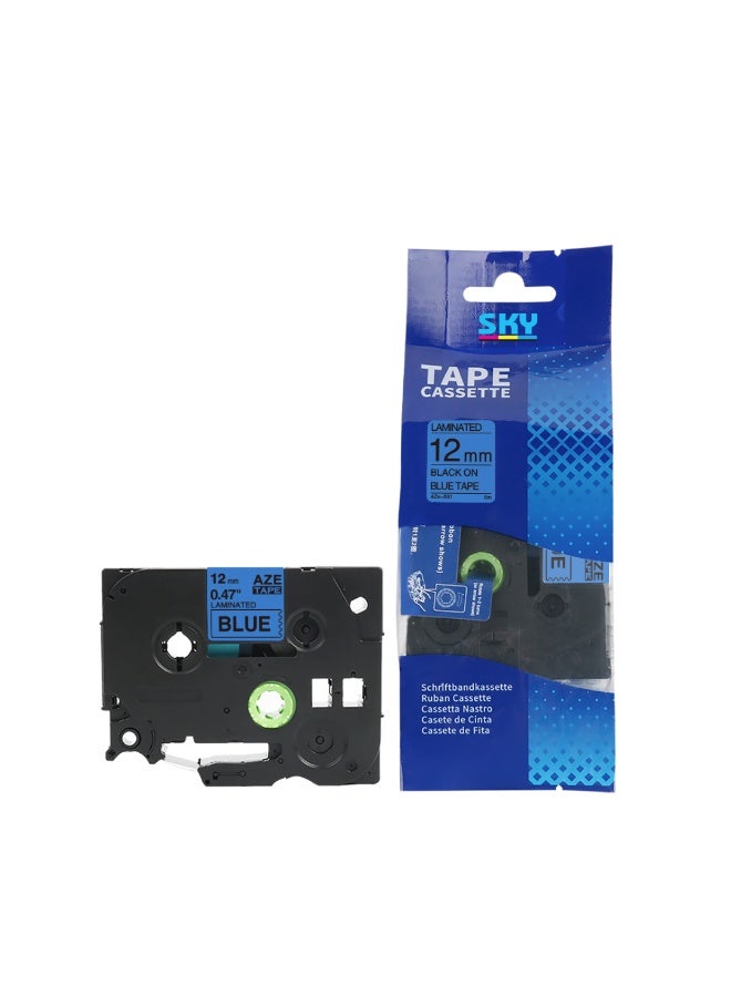 12 mm x 8 meter Black on  Blue  AZE Label Tape Cartridge for P-Touch Label Printers