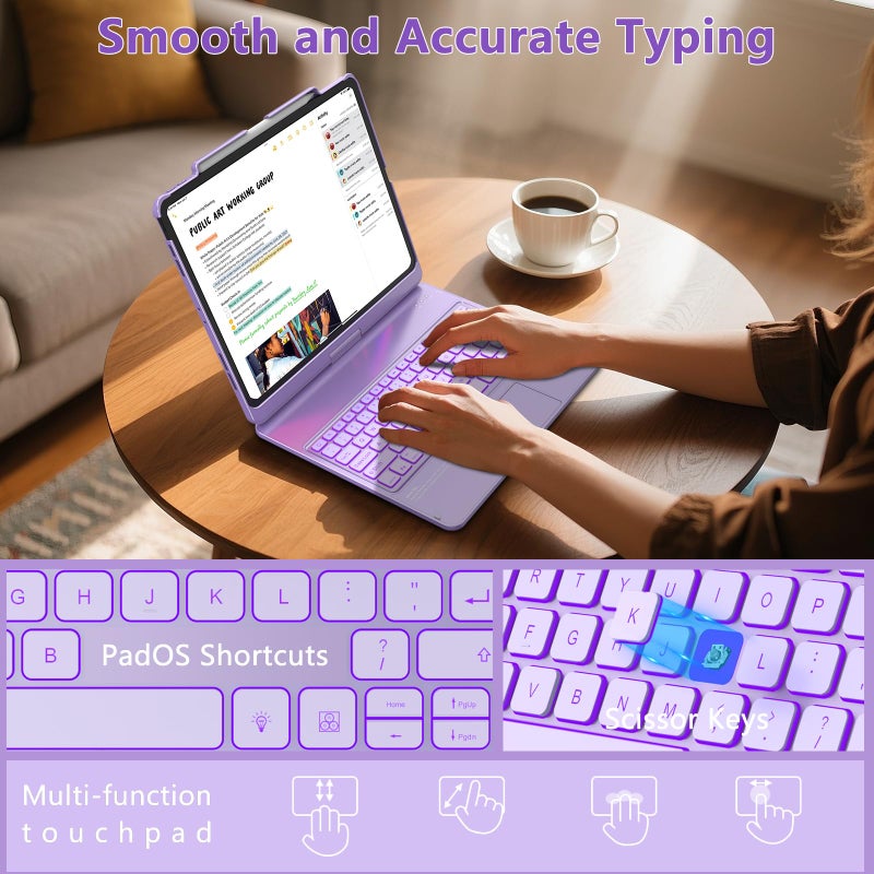 TQQ iPad Air 13 Inch Case Keyboard (M3 2025 / M2 2024), iPad Pro 12.9 (6th, 5th, 4th, 3rd Gen) Keyboard - 360Â° Rotatable, 7-Color Backlight, Multi-Touch Trackpad, Thin & Light (Purple) - Image 4