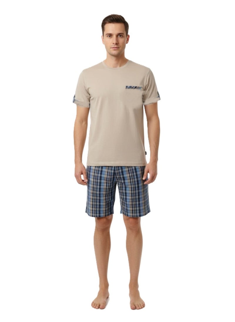Men Summer Pajama Set Plain Top & Plaied Short