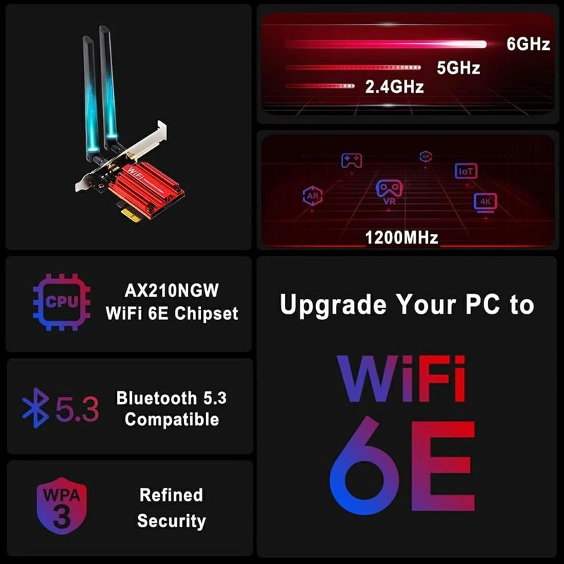 OKN WiFi 6E AX210 WiFi Card，PCIe WiFi Wireless Network Card with Bluetooth 5.3，AX5400 Tri-Band PC Wireless Card，Supports OFDMA & MU-MIMO, Ultra-Low Latency, WPA3, Low-Profile Bracket, Windows 10/11 - Image 2