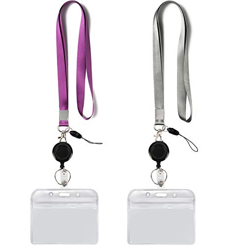 YOUOWO 2 Pack Lanyard with ID Badge Holders Horizontal and Retractable Badge Reel,Purple Grey Office Neck Lanyards with id Card Holder Punched Zipper Waterproof Resealable - Image 1