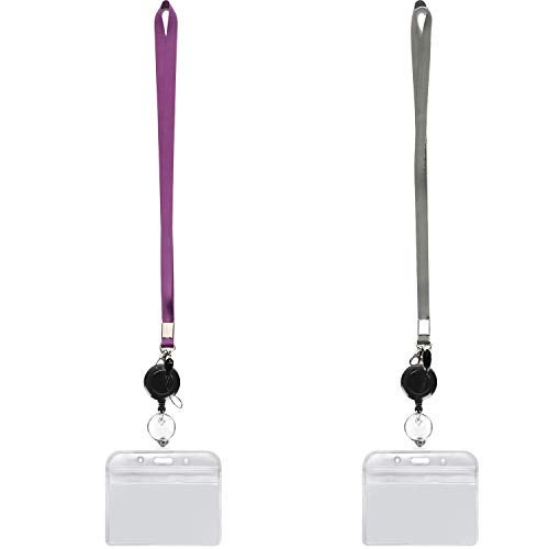 YOUOWO 2 Pack Lanyard with ID Badge Holders Horizontal and Retractable Badge Reel,Purple Grey Office Neck Lanyards with id Card Holder Punched Zipper Waterproof Resealable - Image 5
