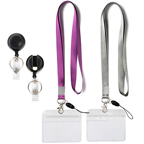 YOUOWO 2 Pack Lanyard with ID Badge Holders Horizontal and Retractable Badge Reel,Purple Grey Office Neck Lanyards with id Card Holder Punched Zipper Waterproof Resealable - Image 3