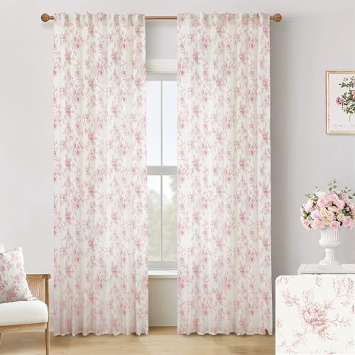 Lino Rosa Pink Floral Curtains for Girls Bedroom 2 Panels,Cute Vintage Sheer Light Blush Flower Patterned Printed Cottage Core Boho Shabby Chic Curtains for Living Room 84 Inches Long - Image 1
