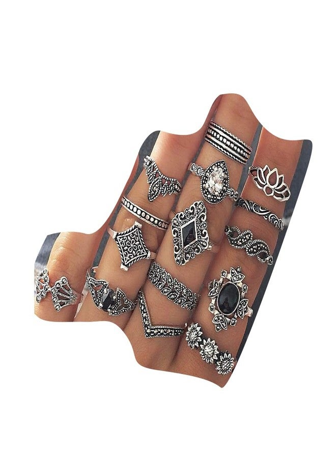 Aimimier 15 Pcs Bohemian Stackable Joint Knuckle Ring Set Crystal Carved Midi Ring Punk Finger Rings for Women - Image 1