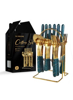 Sunhome 24-Piece Stainless Steel Cutlery Set With Stand Green/Gold  - Image 1
