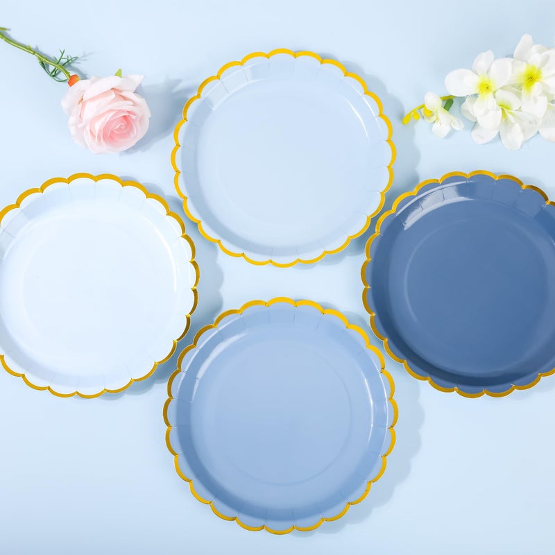 AimFun 48 Pcs Dusty Blue Scalloped Party Plates Gold Foil Border Paper Plates Disposable 9inch Gradient Serving Plates for Birthday Wedding Bridal Baby Shower Party Supplies - Image 3