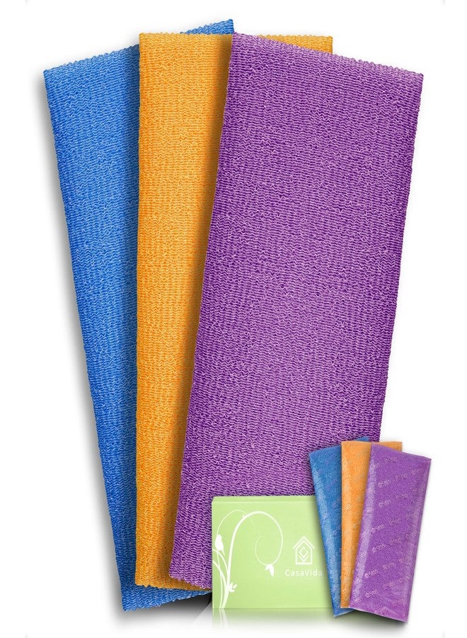 CasaVida Exfoliating Washcloth Back Scrubber for Shower Exfoliating Body Scrubber Japanese Beauty African Net Sponge Bath Korean Loofah Towel Wash Cloth Body Scrub 3 Pack (Orange + Purple + Navy-Blue) - Image 1