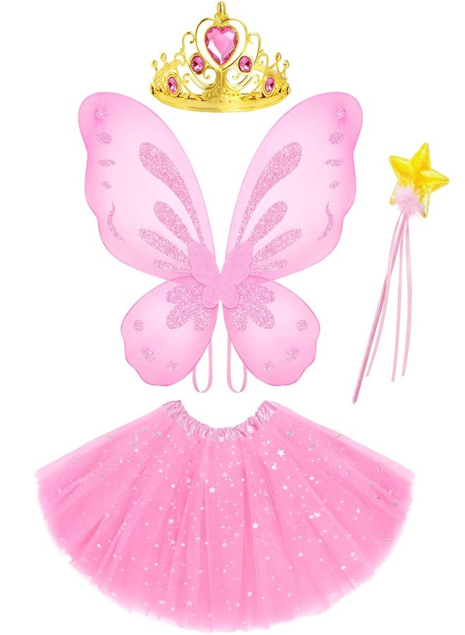 VEKDA 4 Pcs Fairy Costume for Girls Butterfly Costume with Fairy Wings, Wand, Crown, Tutu Skirt for Kids Halloween Birthday Party Princess Dress up 3-8 Years Pink - Image 1