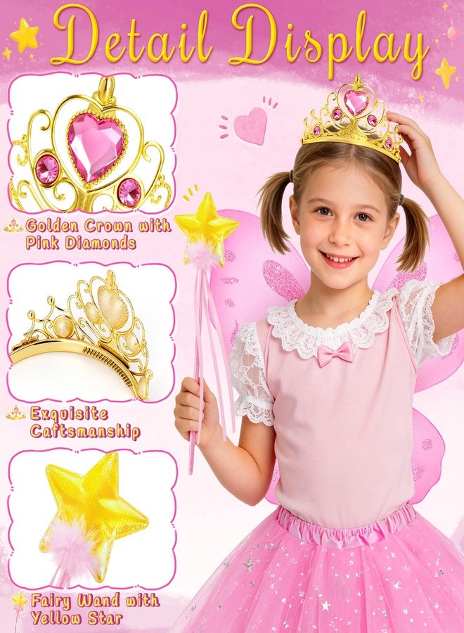 VEKDA 4 Pcs Fairy Costume for Girls Butterfly Costume with Fairy Wings, Wand, Crown, Tutu Skirt for Kids Halloween Birthday Party Princess Dress up 3-8 Years Pink - Image 3