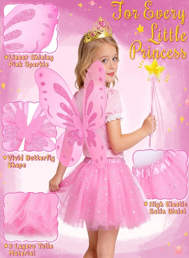 VEKDA 4 Pcs Fairy Costume for Girls Butterfly Costume with Fairy Wings, Wand, Crown, Tutu Skirt for Kids Halloween Birthday Party Princess Dress up 3-8 Years Pink - Image 4