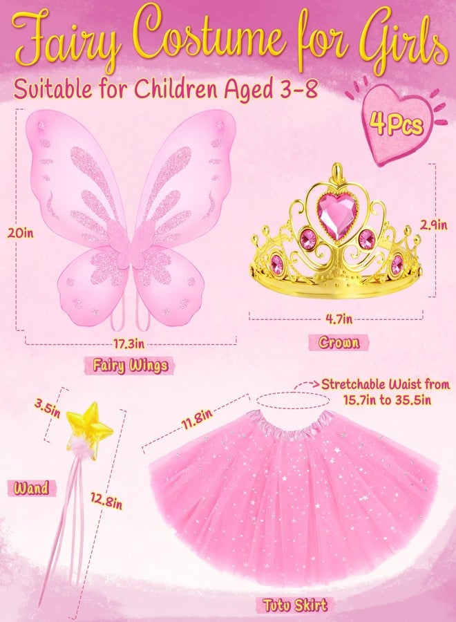 VEKDA 4 Pcs Fairy Costume for Girls Butterfly Costume with Fairy Wings, Wand, Crown, Tutu Skirt for Kids Halloween Birthday Party Princess Dress up 3-8 Years Pink - Image 2