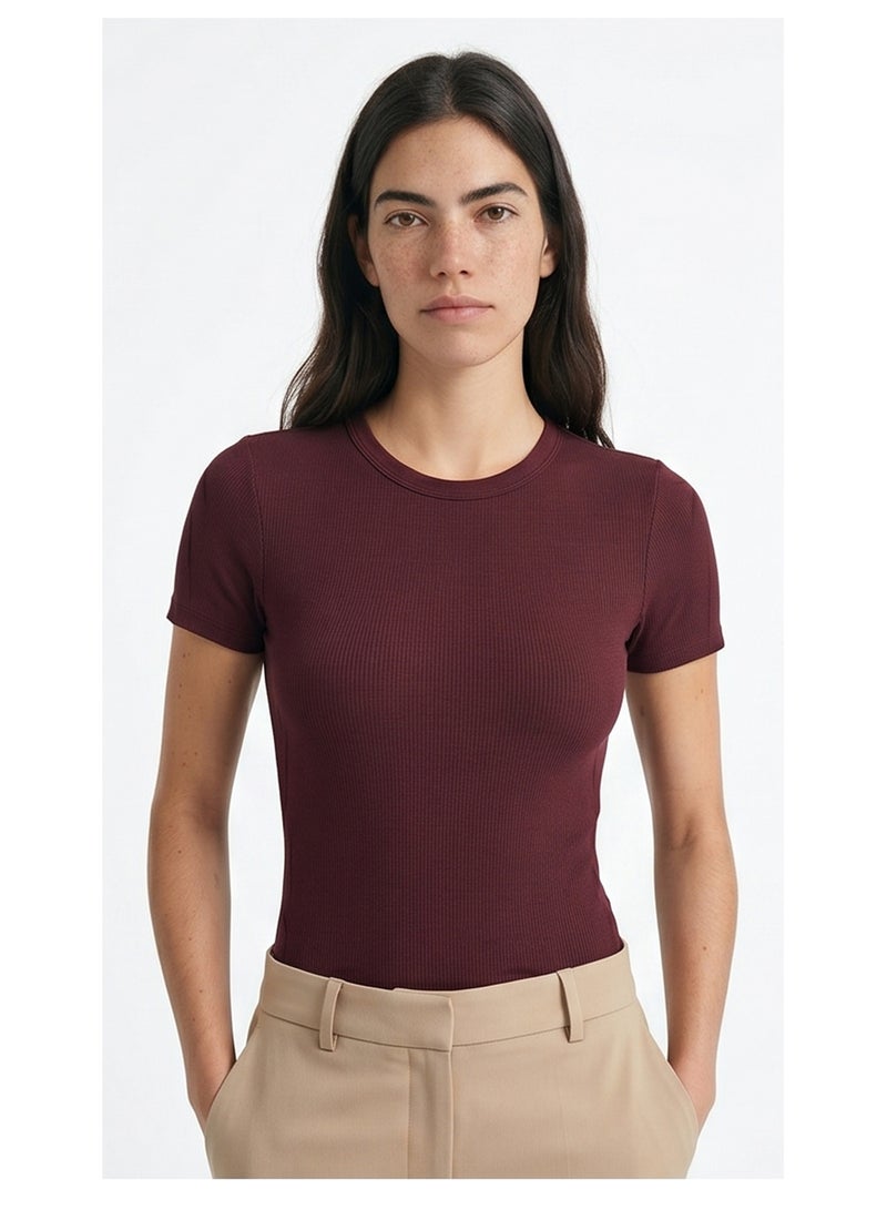 RAVIN Deep Burgundy Ribbed Slim-Fit Tee - Image 1