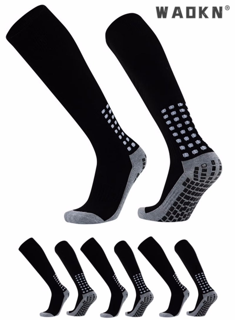WAOKN 3 Pair Men's Soccer Socks Anti Slip Knee Socks Non Slip Grip Pads for Football Basketball Sports Grip Socks,Non Slip Sports Socks, Knee High Compression Base Football Basketball Socks - Image 1