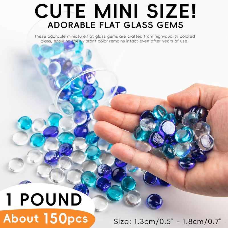 Meschett 1 LB Blue Mix Color Glass Marbles, Mini Flat Glass Beads~150PCS for Vase Fillers, Floral Bottom Mancala Gems Pebbles Fish Tank Rocks for Table Aquarium,Home Decor Art Craft Supplies(0.5"~0.7") - Image 2