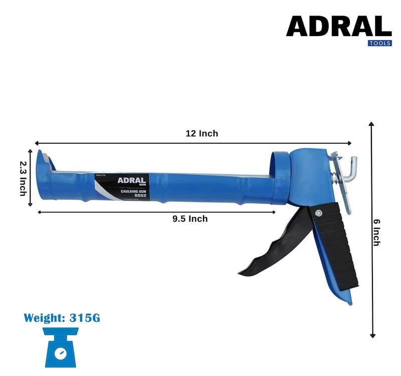 ADRAL Super Value 9-Inch Caulking Gun | 315g Lightweight | Ergonomic Rubber Grip | Sturdy Steel Body | Smooth Round Rod | 6:1 Thrust Ratio | For Acrylic, Latex & Silicone | Riveted End Caps - Image 4
