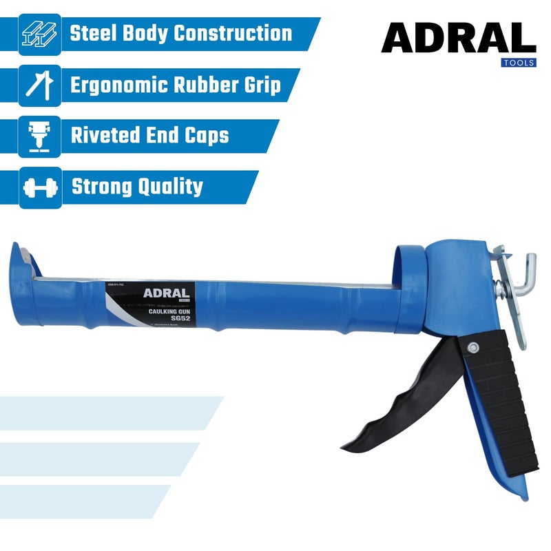 ADRAL Super Value 9-Inch Caulking Gun | 315g Lightweight | Ergonomic Rubber Grip | Sturdy Steel Body | Smooth Round Rod | 6:1 Thrust Ratio | For Acrylic, Latex & Silicone | Riveted End Caps - Image 3