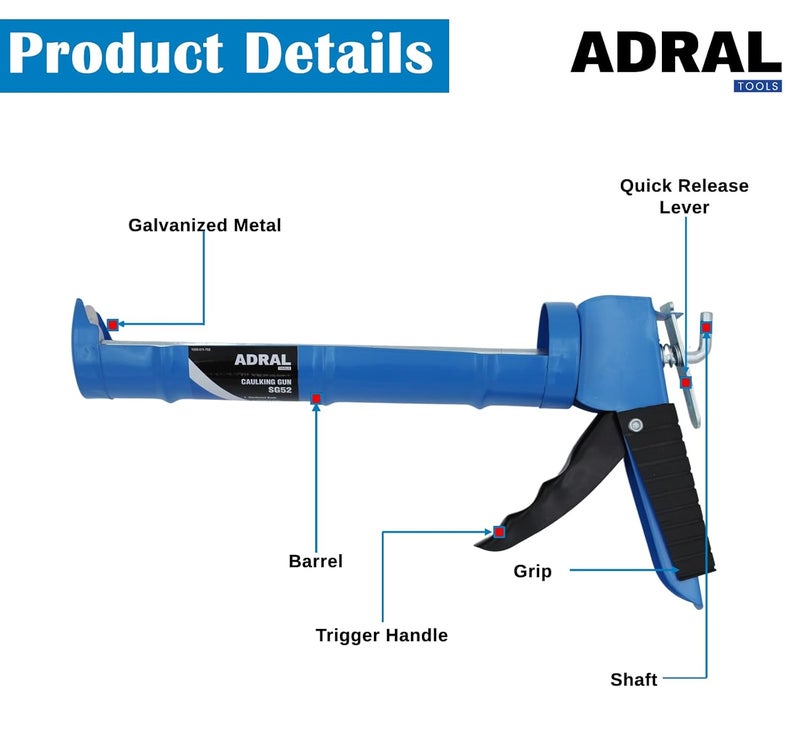ADRAL Super Value 9-Inch Caulking Gun | 315g Lightweight | Ergonomic Rubber Grip | Sturdy Steel Body | Smooth Round Rod | 6:1 Thrust Ratio | For Acrylic, Latex & Silicone | Riveted End Caps - Image 2