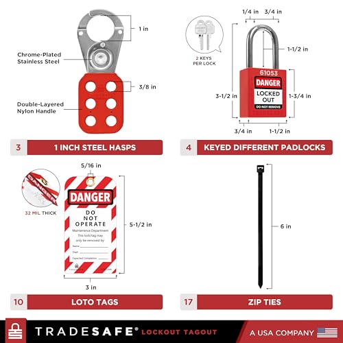 TRADESAFE Breaker Lockout Tagout Electrical Loto Kit, 120/277V to 480/600V Circuit Breaker Lockout, Hasps, Lockout Tags, Keyed Different Red Loto Locks (2 Keys Each); Devices for Station Refill - Image 3