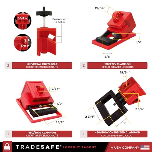 TRADESAFE Breaker Lockout Tagout Electrical Loto Kit, 120/277V to 480/600V Circuit Breaker Lockout, Hasps, Lockout Tags, Keyed Different Red Loto Locks (2 Keys Each); Devices for Station Refill - Image 4