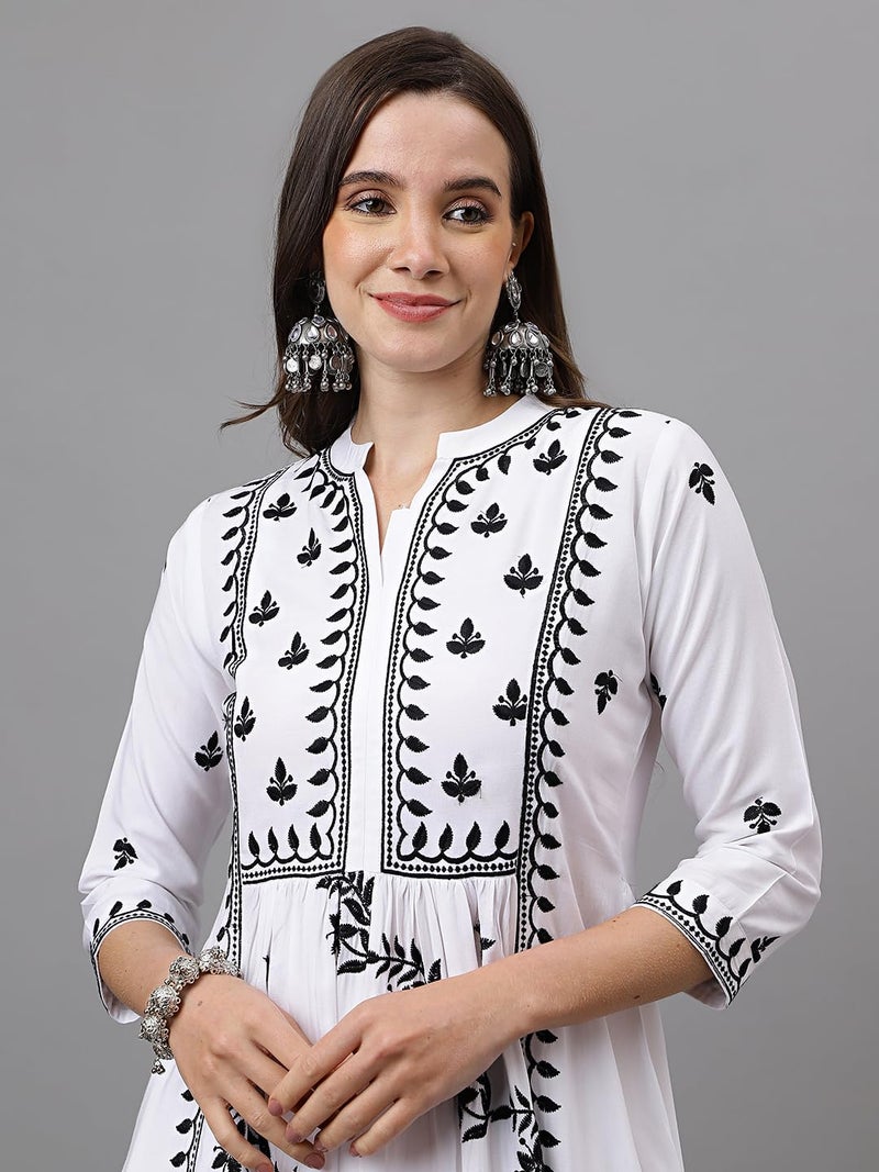 RATAN Women's Rayon Anarkali Lucknowi Chikankari Ethnic Wear Regular Fit Kurta(RYD-PRL-L_White), Large - Image 3
