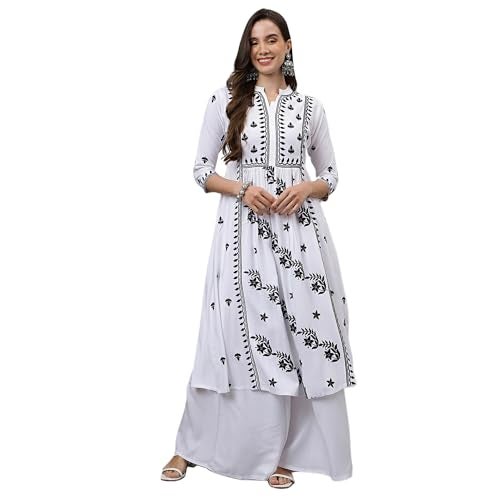 RATAN Women's Rayon Anarkali Lucknowi Chikankari Ethnic Wear Regular Fit Kurta(RYD-PRL-L_White), Large - Image 1