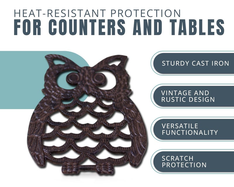 Comfify Cast Iron Owl Trivet - Decorative Trivet For Kitchen Counter Or Dining Table - Vintage  Old-Fashioned  Farmhouse  Rustic  Artisan Design - 7.75X6 - With Rubber Pegs/Feet - Recycled Metal - Rust Brown - Image 2