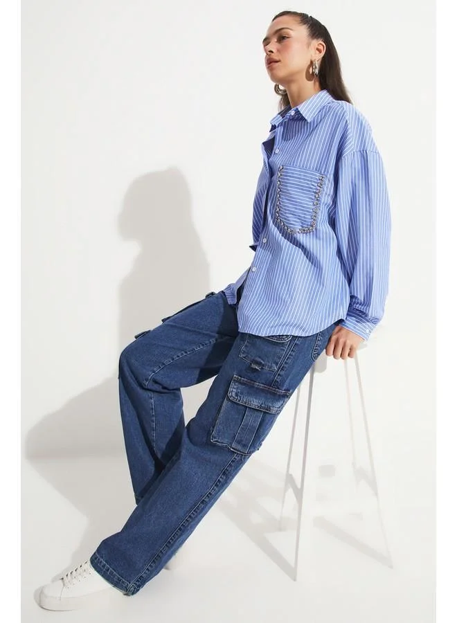 جون June Women 100% Cotton Straight Fit Cargo Jean Blue