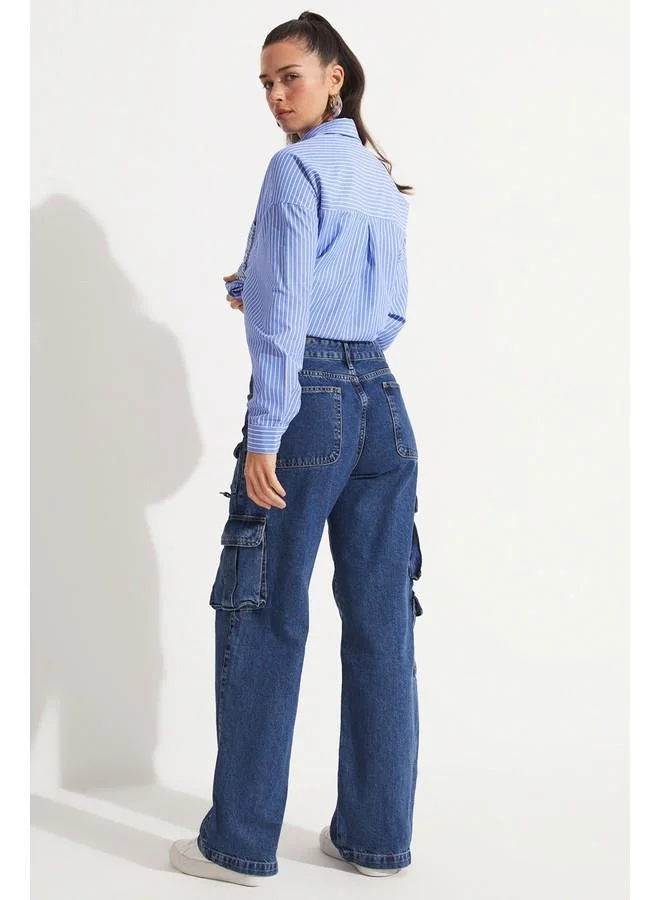 جون June Women 100% Cotton Straight Fit Cargo Jean Blue