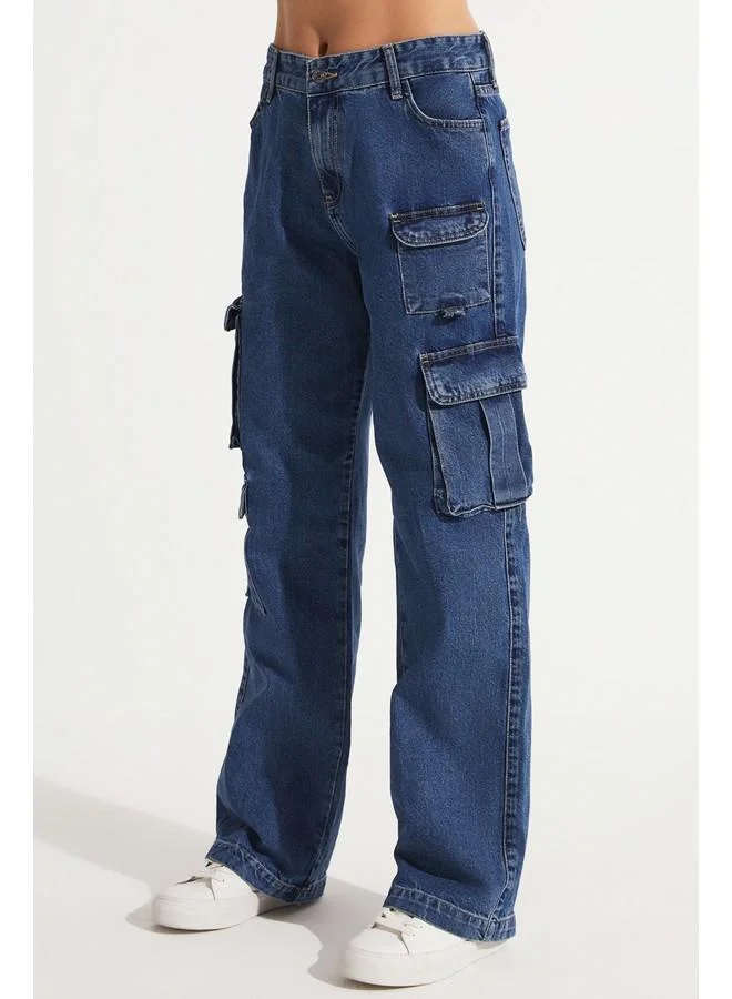 جون June Women 100% Cotton Straight Fit Cargo Jean Blue