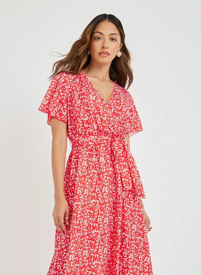 تايك تو Take Two Women Red Ditsy Print V Neck A-Line Midi Dress with Tie Waist