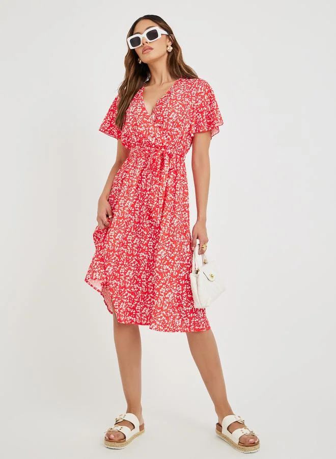 تايك تو Take Two Women Red Ditsy Print V Neck A-Line Midi Dress with Tie Waist