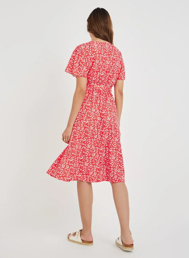 Take Two Take Two Women Red Ditsy Print V Neck A-Line Midi Dress with Tie Waist