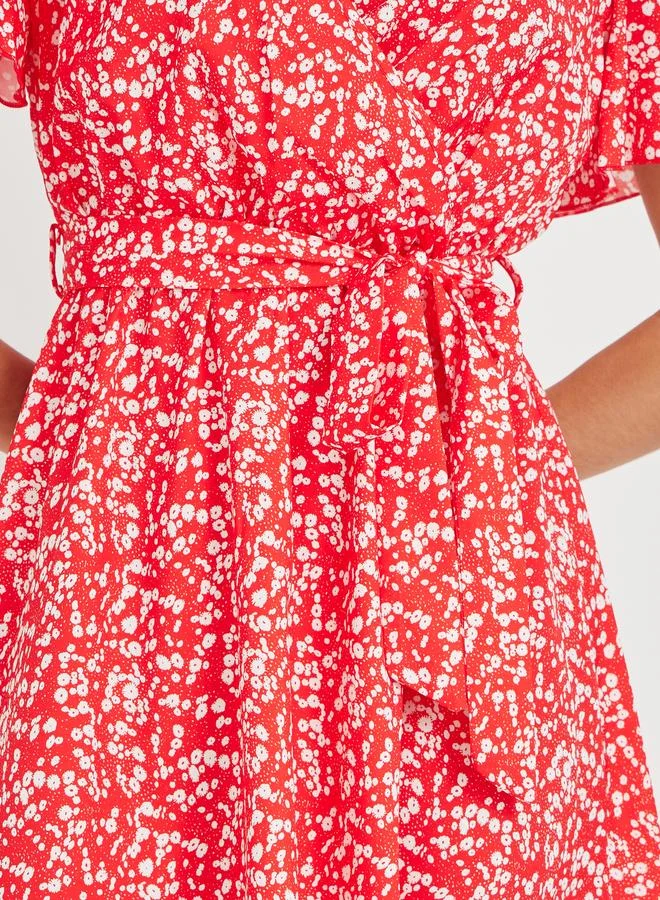 Take Two Take Two Women Red Ditsy Print V Neck A-Line Midi Dress with Tie Waist