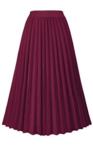 GOLDSTITCH Women's High Waist Pleated Skirt A line Swing Midi Skirt Wine Red - Image 1
