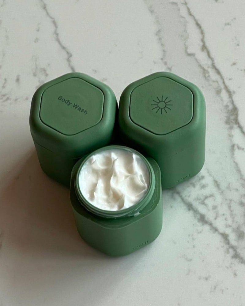 Cadence Travel Containers - Body Care Capsule Set - Magnetic Travel Capsules - For Body Wash, Lotions, Sunscreens - 3 Flex Mediums (1.32oz) with Body Wash, Lotion,  Sun Icon Labels - Sand - Image 4