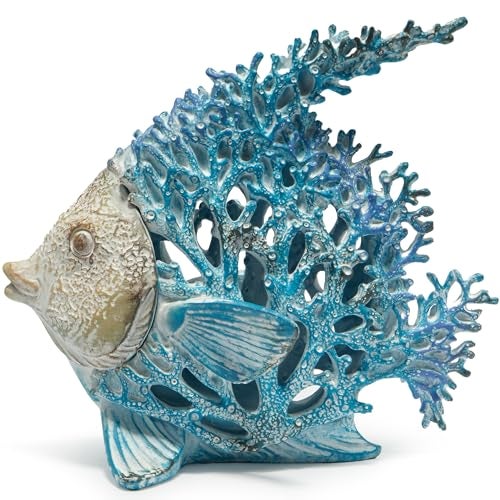 Hodao Sea Coral Fish Figurines Decoration Summer Beach Coastal Decor Coral Reef Angelfish Home Office Desk Decor Statues for Tabletop Shelf Bathroom Decoration Ornament Gifts for Mom Blue